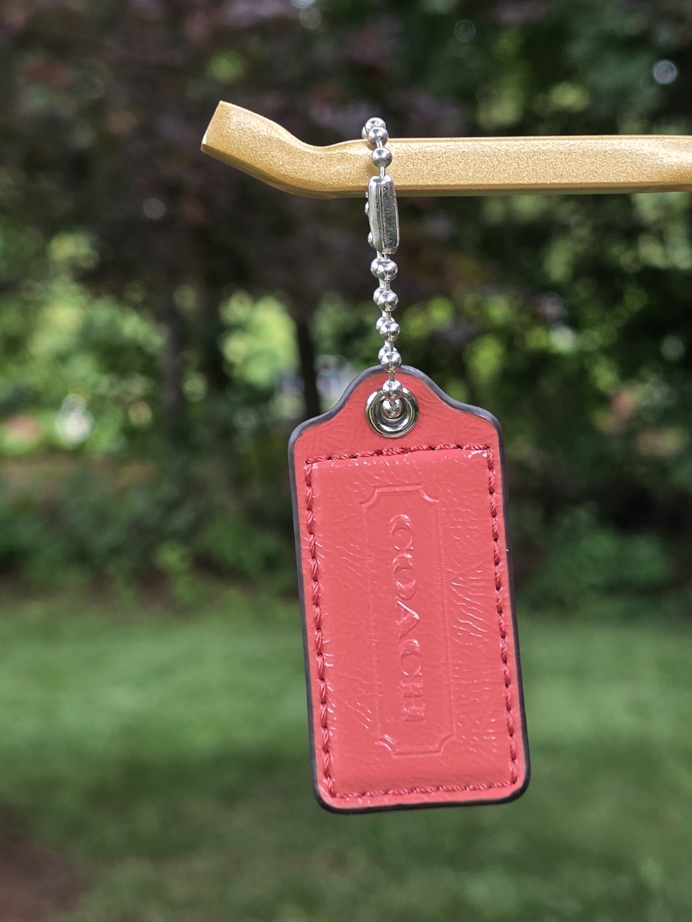 Coach Coral Pink Textured Leather Hangtag with Silver Ball Chain